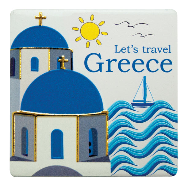 Ceramic Coaster - "Let's Travel Greece" - Greek Island Churches - 6 coasters