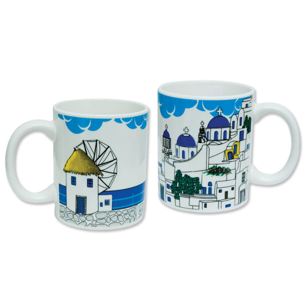 Ceramic Coffee Mug - Cyclades Village With Churches and Windmill