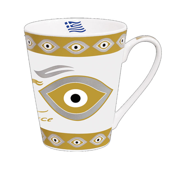 Tall Porcelain Coffee/Tea Cup - Greece - Evil Eye - Gold - 1 Cup