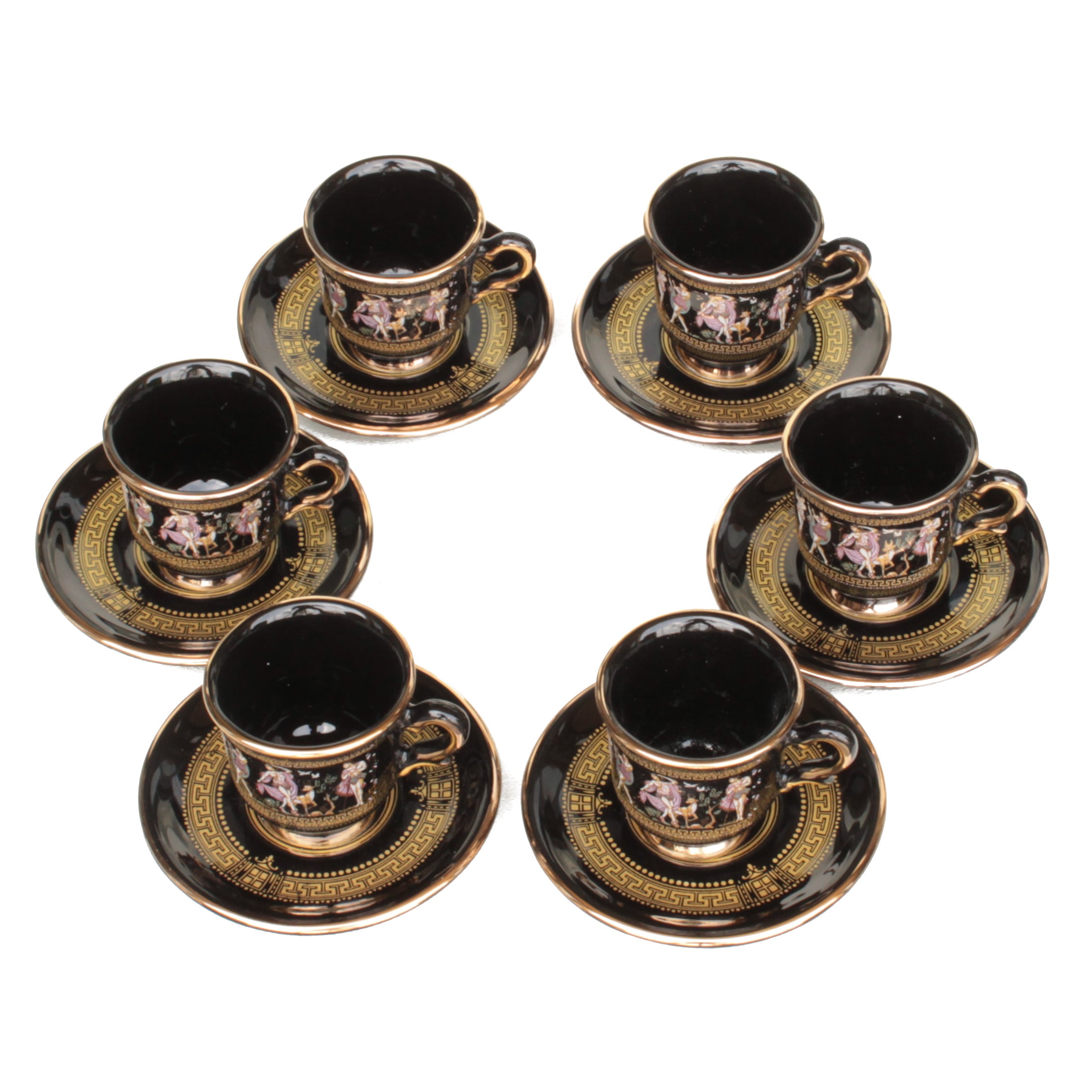 Demitasse Cups And Saucers (Set of Six) - Black Greek Key With 24K