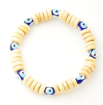 Wooden Beaded Evil Eye Bracelet - Tan - 1 pc