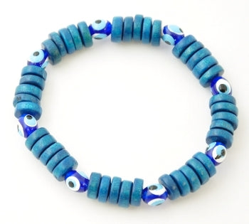 Wooden Beaded Evil Eye Bracelet - Blue - 1 pc