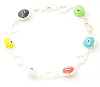 Silver Evil Eye Bracelet - Opaque Colors - Multi With Hearts - 1 pc