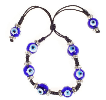 Evil Eye Rope Bracelet With Dark Blue Glass Eyes And Zirconium Crystals - Blue - 1 Pc