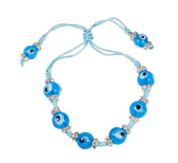 Evil Eye Rope Bracelet With Dark Blue Glass Eyes And Zirconium Crystals - Turquoise - 1 Pc