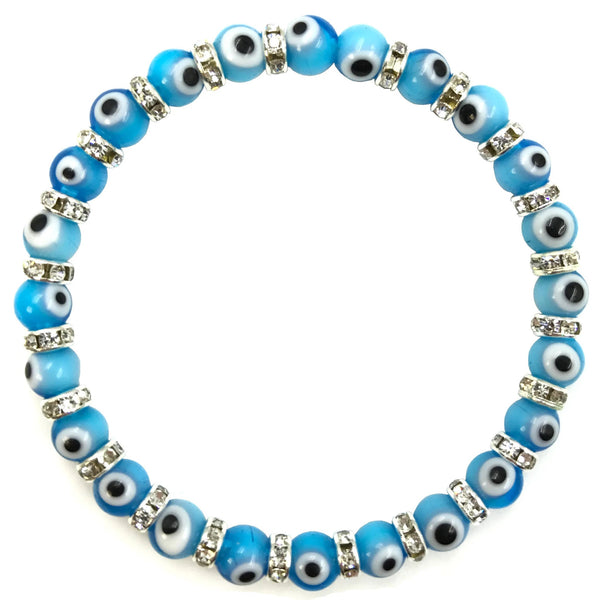 Stretch Evil Eye Small Beaded Bracelet With Zirconium Crystals - Turquoise - 1 Pc