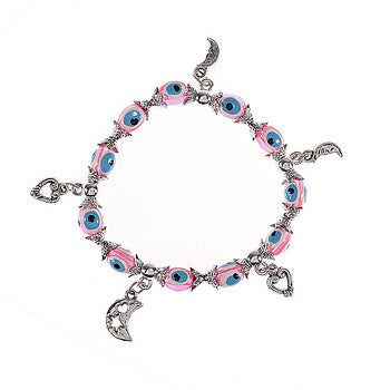 Lucky Eye Bracelet With Pink Eyes & Metal Charms - 1 pc