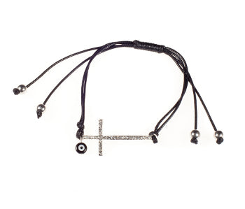 Cross Bracelet With Zirconium Crystals And Evil Eye - Black - 1 Pc
