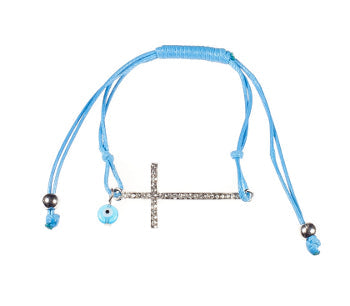 Cross Bracelet With Zirconium Crystals And Evil Eye - Turquoise - 1 Pc