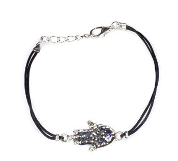 Evil Eye Hamsa Bracelet With Zirconium Crystals - Silver Plated With Black String - 1 Pc