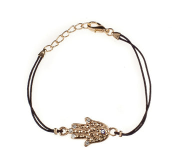 Evil Eye Hamsa Bracelet With Zirconium Crystals - Gold Plated With Black String - 1 Pc