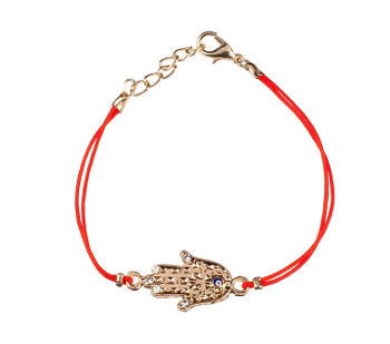 Evil Eye Hamsa Bracelet With Zirconium Crystals - Gold Plated With Red String - 1 Pc