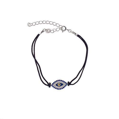 Sterling Silver Adjustable Evil Eye Bracelet With Crystals - Almond Shape - Blue - 1 Pc