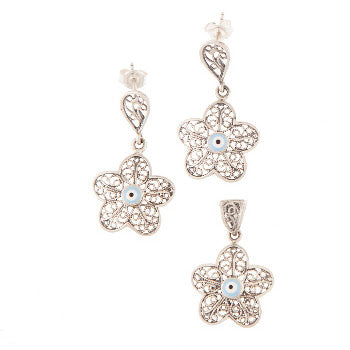 Sterling Silver Jewelry Set - Earrings & Charm - Turquoise Flower - 1 Set