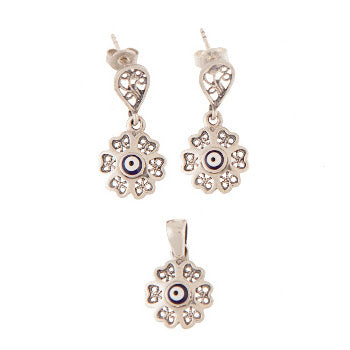 Sterling Silver Jewelry Set - Earrings & Charm - Cobalt Flower - 1 Set