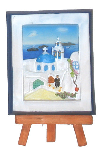 Ceramic Wall Plaque with Stand (Tripod) - Kavaleto (3 1/2'' X 3'') - Greek Island Church - 1 pc