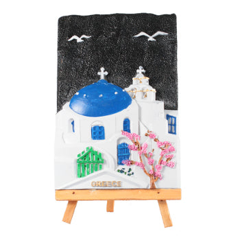 Ceramic Wall Plaque with Stand (Tripod) - Kavaleto (4" X 6") - Greek Church With Green Gate At Night