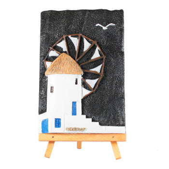 Ceramic Wall Plaque with Stand (Tripod) - Kavaleto (4" X 6"') - Greek Windmill At Night - 1 pc