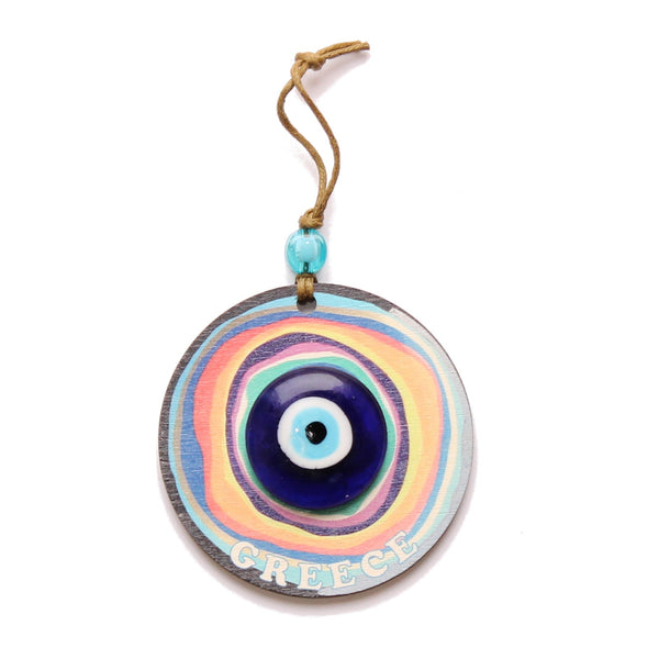 Hanging Rainbow Charm With Evil Eye Glass Charm and "Greece" - 3" - 1 pc