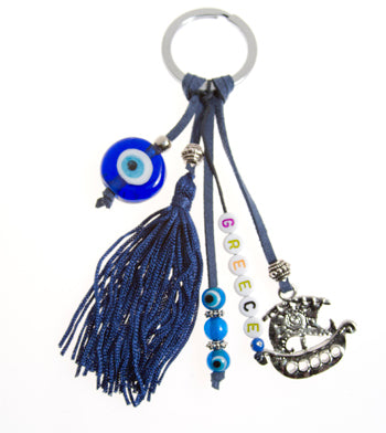 Lucky Eye Keychain With Greece Beads & Charms - Ship & Eye Pendant - 1 pc