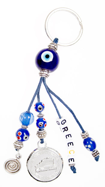 Lucky Eye Keychain With Greece Beads & Charms - Parthenon & Swirl - 1 pc