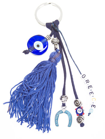 Lucky Eye Keychain With Greece Beads & Charms - Horseshoe & Eye Pendant - 1 pc