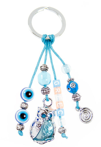 Lucky Eye Keychain With Greece Beads  Charms - Owl  Swirl Pendant - 1 pc