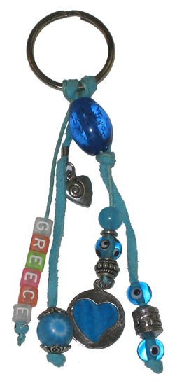 Lucky Eye Keychain With Greece Beads & Charms - Turquoise Heart & Heart Pendant - 1 pc