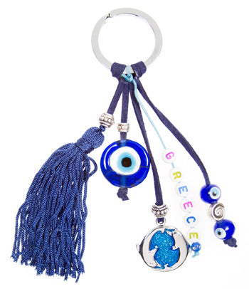 Lucky Eye Keychain With Greece Beads & Charms - Turquoise Dolphins & Eye Pendant - 1 pc