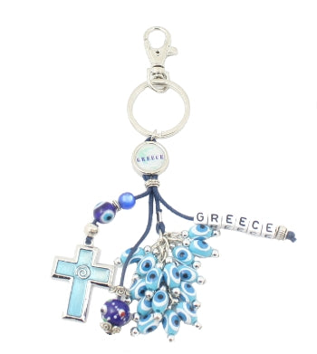 Lucky Eye Keychain With Greece Beads & Charms - Greek Map - Greece - Turquoise Cross - 1 pc