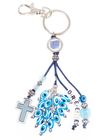 Lucky Eye Keychain With Greece Beads  Charms - Greek Flag - Greece - Turquoise Cross - 1 pc