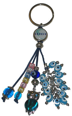 Lucky Eye Keychain With Greece Beads & Charms - Greek Map - Greece - Turquoise Owl - 1 pc