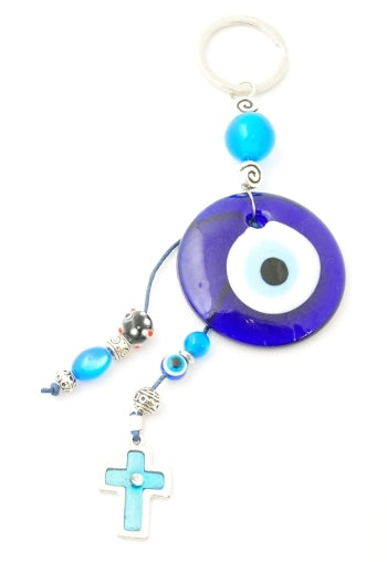 Lucky Eye Keychain With Metal Cross - Turquoise - 1 pc