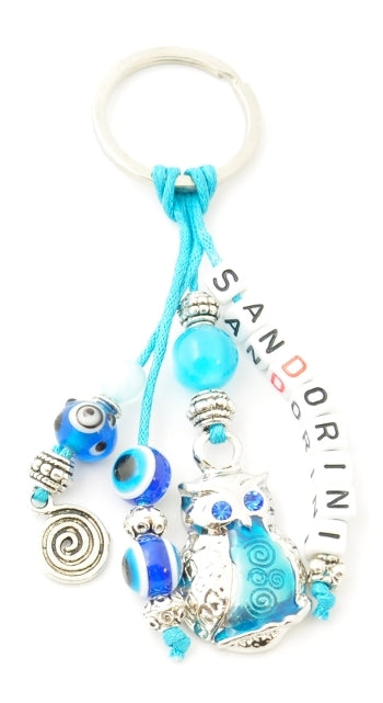 Lucky Eye Keychain With Beads Spelling "Sandorini" & Charms - Owl & Swirl Pendant - 1 pc