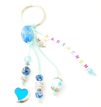 Lucky Eye Keychain With Beads Spelling "Parthenon" & Charms - Turquoise Heart & Heart Pendant - 1 pc