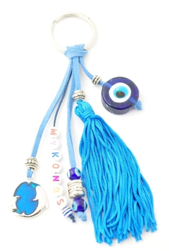 Lucky Eye Keychain With Beads Spelling "Mykonos" & Charms - Turquoise Dolphinis & Eye Pendant - 1 pc