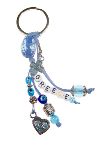 Lucky Eye Keychain With Beads Spelling "Greece" & Charms - Turquoise Heart & Cross - 1 pc