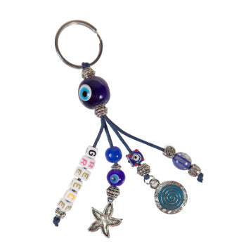 Lucky Eye Keychain With Beads Spelling "Greece" & Charms - Turquoise Swirl & Starfish - 1 pc