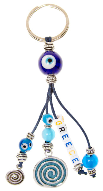Lucky Eye Keychain With Beads Spelling "Greece" & Charms - Turquoise Swirl - 1 pc