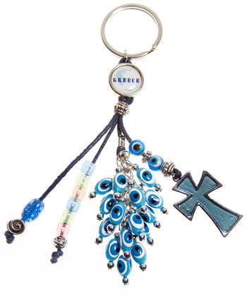 Lucky Eye Keychain With Greek Map - Greece - Turquoise Cross - 1 pc