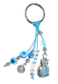 Lucky Eye Keychain With Greece White Beads & Charms - Owl & Swirl Pendant - 1 pc