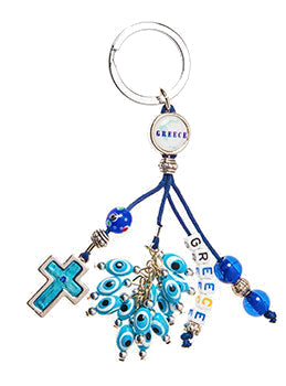 Lucky Eye Keychain With Greece Beads & Charms - Greek Map - Greece - Turquoise Cross With Jewel - 1