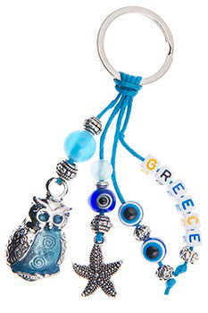 Lucky Eye Keychain With Greece White Beads & Charms - Owl & Starfish Pendants - 1 pc