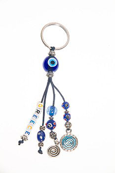 Lucky Eye Keychain With Beads Spelling "Greece" & Charms - Turquoise Swirl - 1 pc