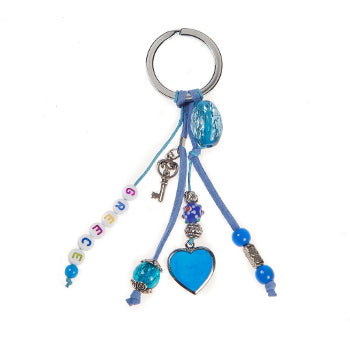 Lucky Eye Keychain With Beads Spelling "Greece" & Charms - Turquoise Heart & Key Pendant - 1 pc