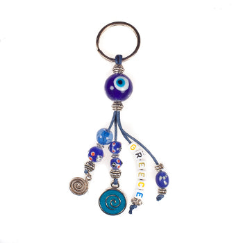 Lucky Eye Keychain With Beads Spelling "Greece" & Swirl & Charms - Turquoise Swirl - 1 pc