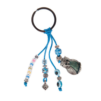 Lucky Eye Keychain With Greece White Beads & Charms - Owl & Turquoise Evil Eye Pendant - 1 pc