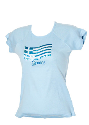 Ladies Light Blue Greek Flag Fitted T-Shirt - Blue & White Sequins - 1 pc