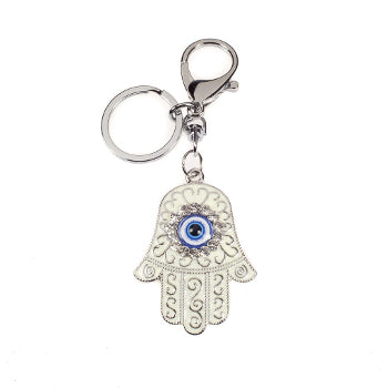 Lucky Eye Hamsa Keychain With Zirconium Crystals - White - 1 pc