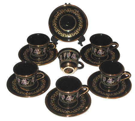 Demitasse Cups And Saucers (Set of Six) - Black Greek Key With 24K Gold